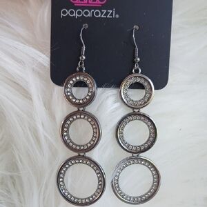 Paparazzi Black Metallic Triple Circle Earrings with Rhinestone Glamour